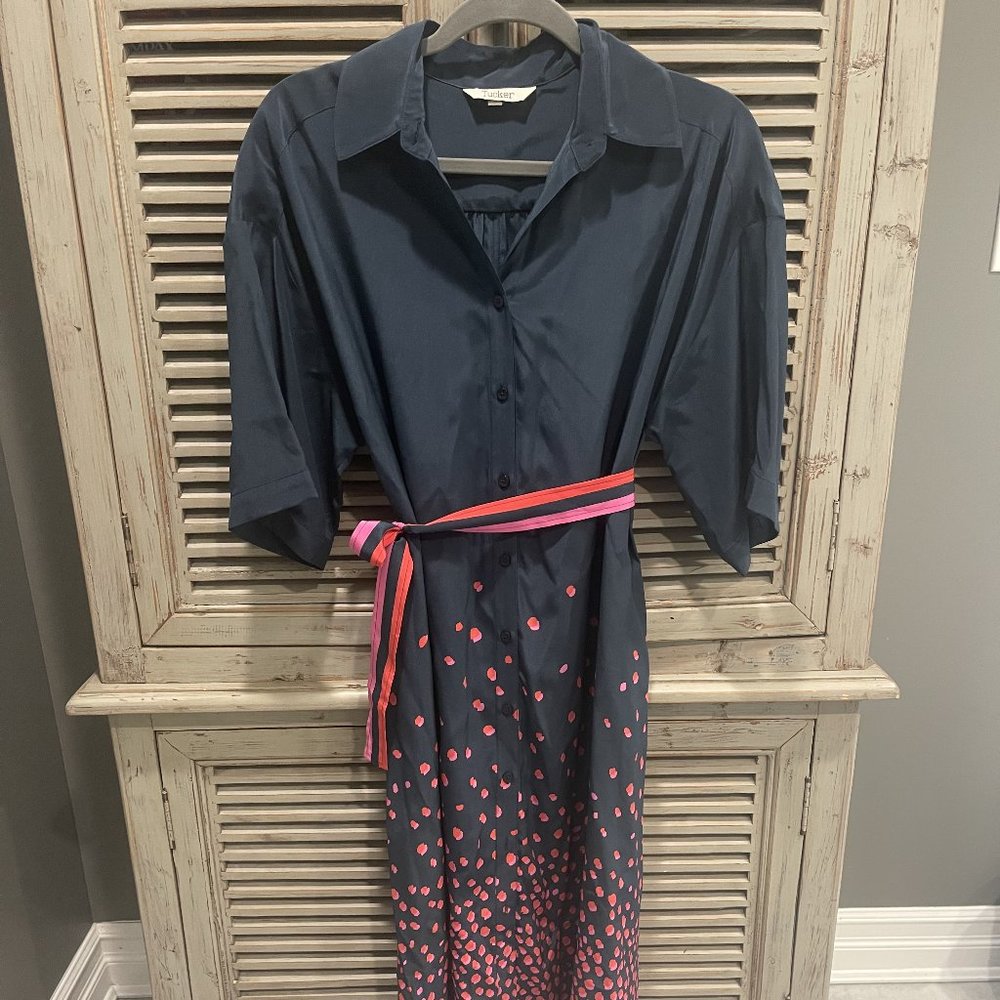 Tucker NYC Women's Silk Navy Button Down Polka Dot Belted Dress Size Small